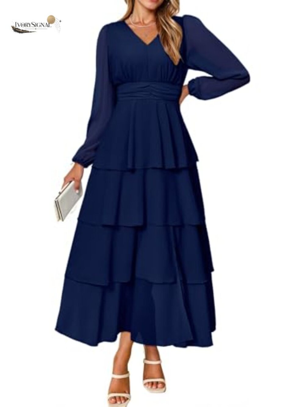 Womens Flowy Maxi Dress Chiffon Long Sleeve V Neck Ruffle Tiered Boho